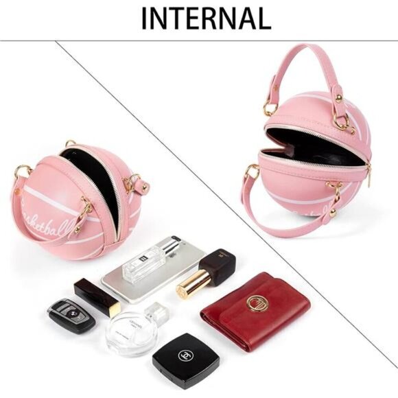 Basketball Bag Purse Handbag Shoulder Mini Round Zipper Women with Strap - Picture 5 of 8